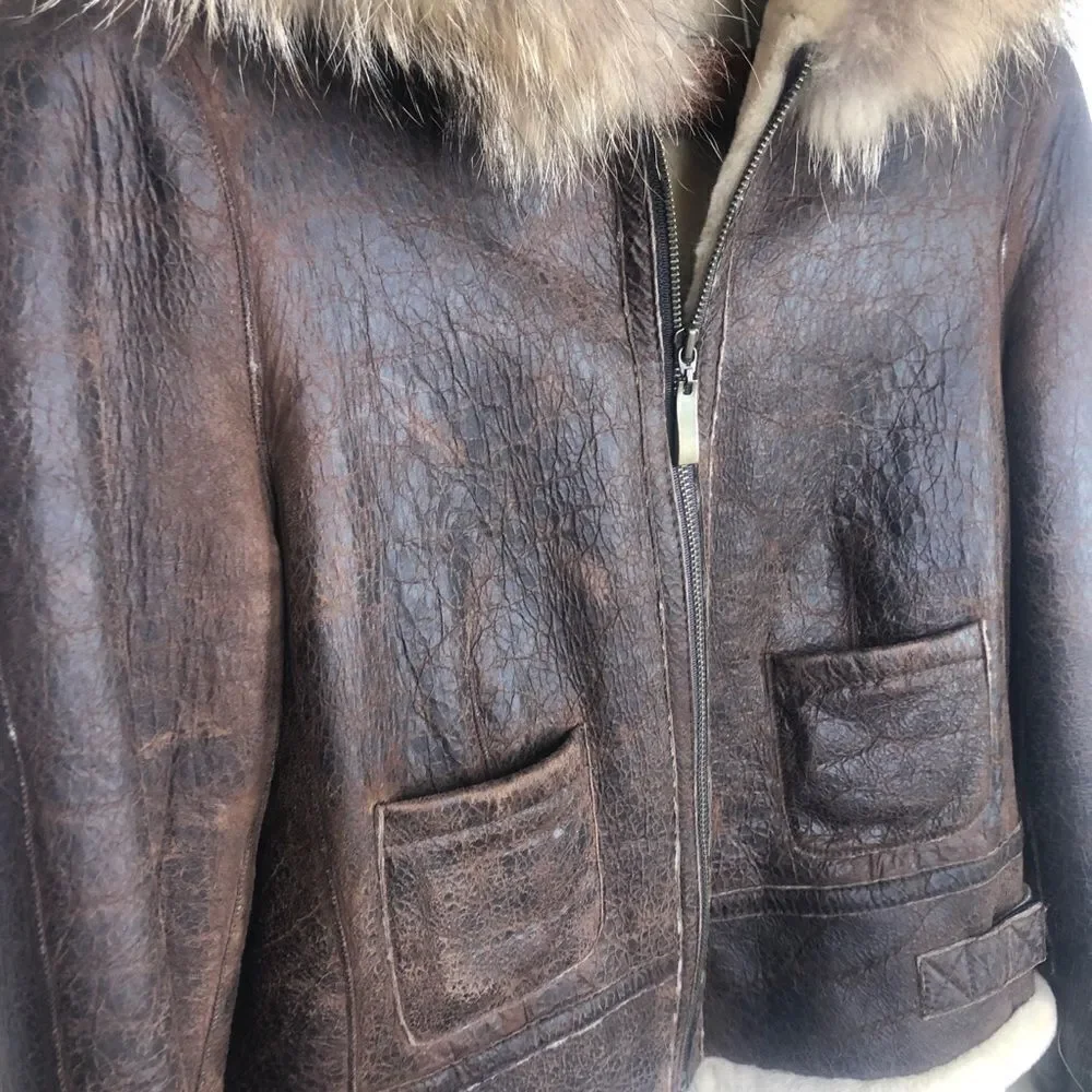 Blue Duck Leather Real Fur Bomber Coat Jacket M Brown Trim Medium - Picture 6 of 10